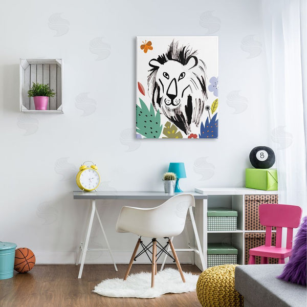 Stupell Industries Abi Hall | Lion Jungle Vegetation Butterfly Doodle Safari Cat Portrait Wall Art