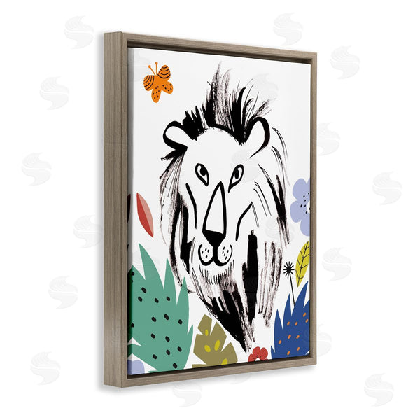 Stupell Industries Abi Hall | Lion Jungle Vegetation Butterfly Doodle Safari Cat Portrait Wall Art