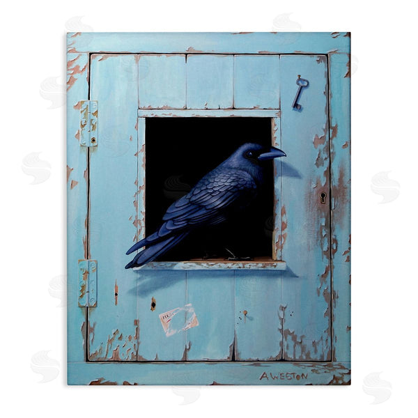 stupell industries Alan Weston | Crow Perched Rustic Blue Door Hanging Key Wall Art