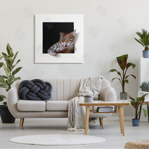 Stupell Industries Alan Weston | Manx Cat Grooming Green Eyes Optical Illusion Wall Art