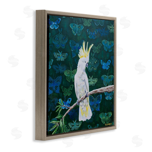 Stupell Industries Alana Clumeck | Tropical White Yellow Parrot Perched Butterfly Print Pattern Wall Art