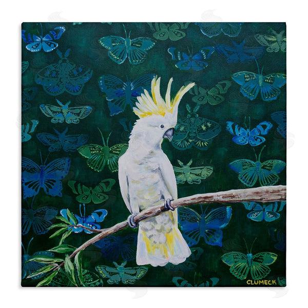 stupell industries Alana Clumeck | Tropical White Yellow Parrot Perched Butterfly Print Pattern Wall Art