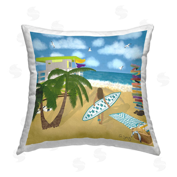 stupell industries Ale Saiz Studio | Summer Beach Tide Surfer Girl Waves Printed Throw Pillow