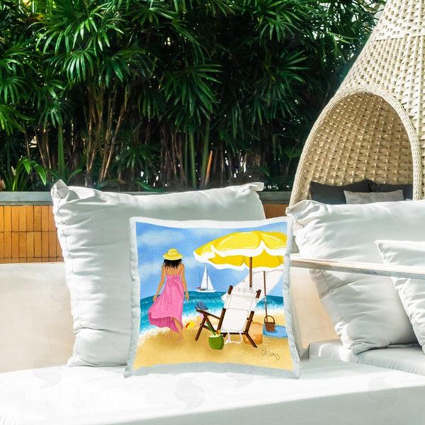Stupell Industries Ale Saiz Studio | Woman Strolling Beach Printed Throw Pillow