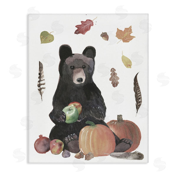 stupell industries Alicia Longley | Bear Cub Holding Apples Autumn Foliage and Pumpkins Wall Art