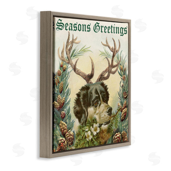 Stupell Industries Alicia Longley | Seasons Greetings Dog Wearing Antlers Botanical Border Wall Art