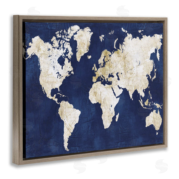 Stupell Industries Alicia Vidal | Distressed Gold Navy World Map