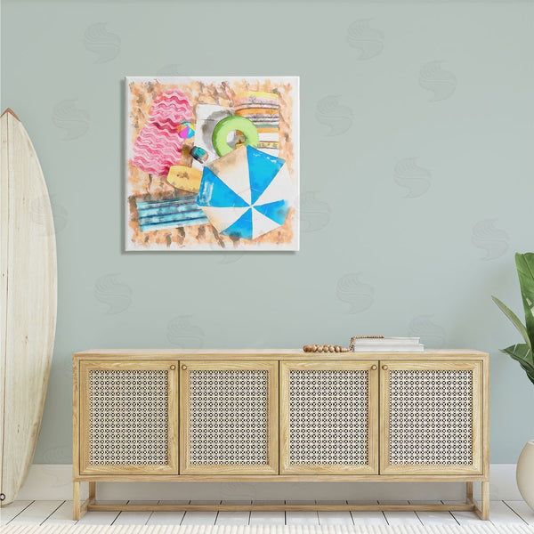 Stupell Industries Alonzo Saunders | Tropical Summer Beach Lounge Towel Umbrella Floats Wall Art