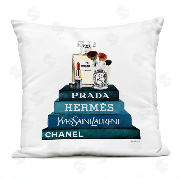 Stupell Industries Amanda Greenwood | Blue Fashion Makeup Accessories On Glam Books Printed Throw Pillow