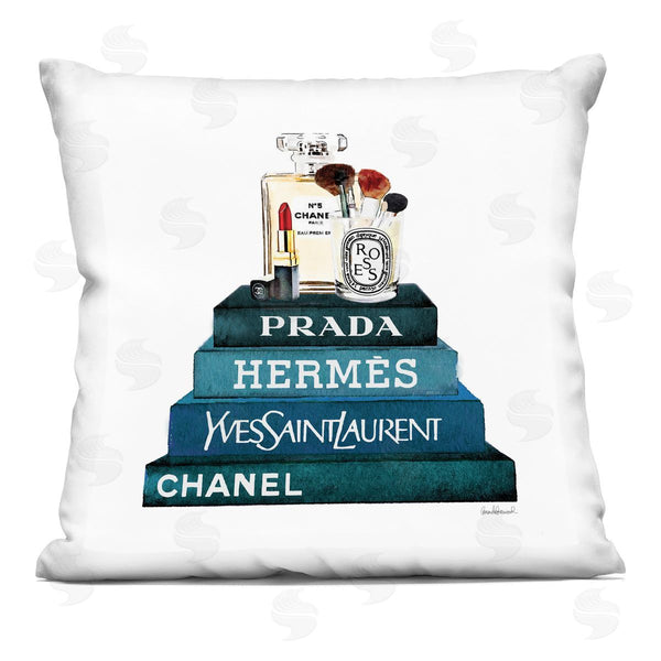 stupell industries Amanda Greenwood | Blue Fashion Makeup Accessories On Glam Books Printed Throw Pillow