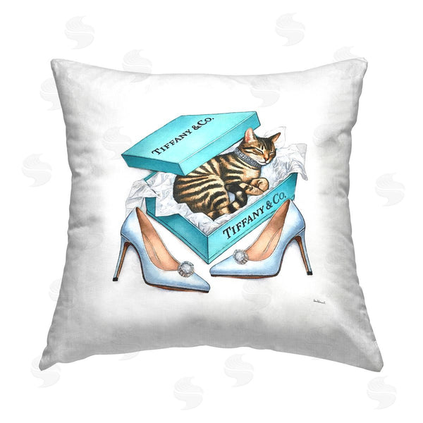 stupell industries Amanda Greenwood | Blue Shoebox with Kitty Printed Throw Pillow