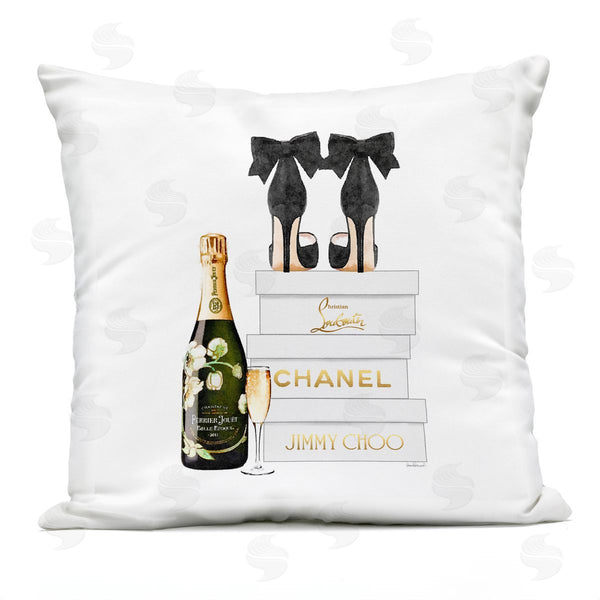 Stupell Industries Amanda Greenwood | Bubbly Champagne Black Glam Bow Shoes Printed Throw Pillow