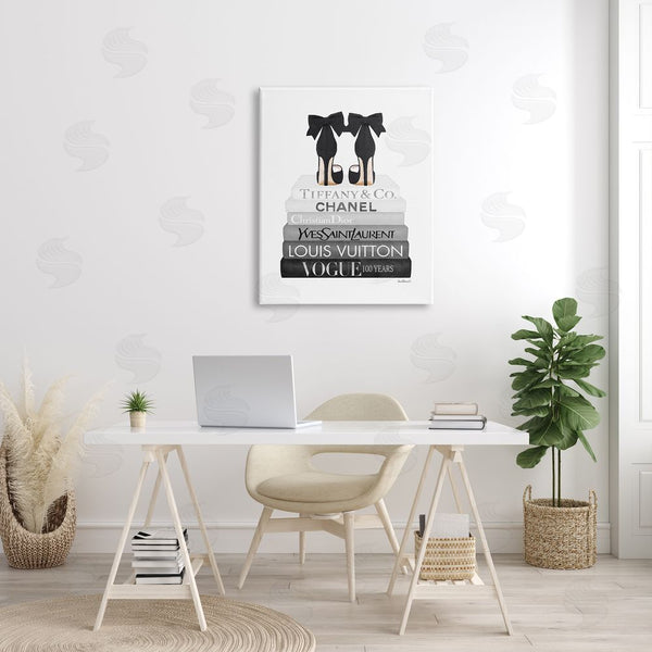 Stupell Industries Amanda Greenwood | Elegant Black Bow Heels Fashion Glam Bookstack Wall Art