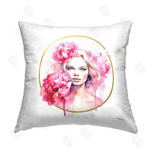 stupell industries Amanda Greenwood | Girl with Pink Peonies Printed Throw Pillow