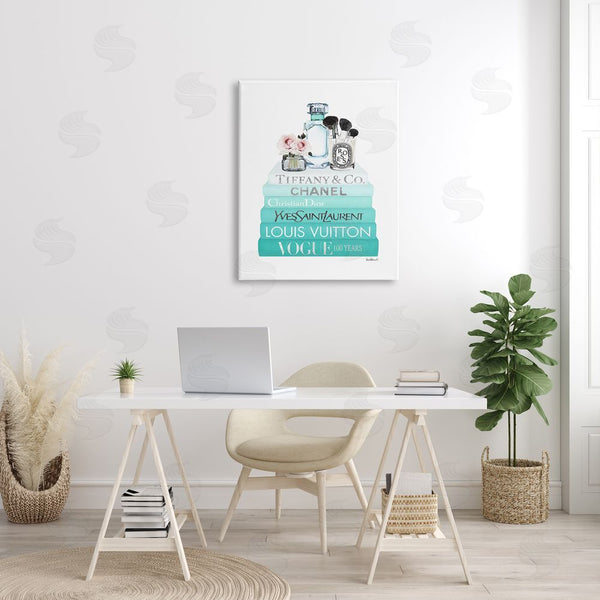 Stupell Industries Amanda Greenwood | Glam Fashion Cosmetics Soft Roses Blue Bookstack Wall Art