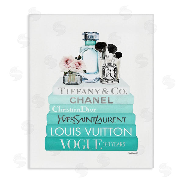 stupell industries Amanda Greenwood | Glam Fashion Cosmetics Soft Roses Blue Bookstack Wall Art