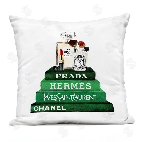 Stupell Industries Amanda Greenwood | Makeup Cosmetics Atop Glam Brand Bookstack Printed Throw Pillow
