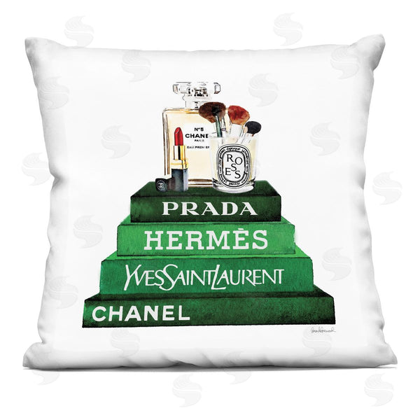 stupell industries Amanda Greenwood | Makeup Cosmetics Atop Glam Brand Bookstack Printed Throw Pillow