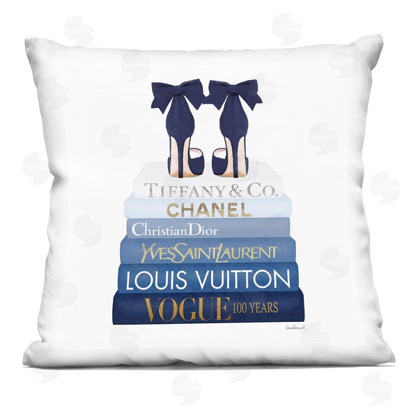 stupell industries Amanda Greenwood | Navy Blue Fashion Heels Glam Brand Bookstack Printed Throw Pillow