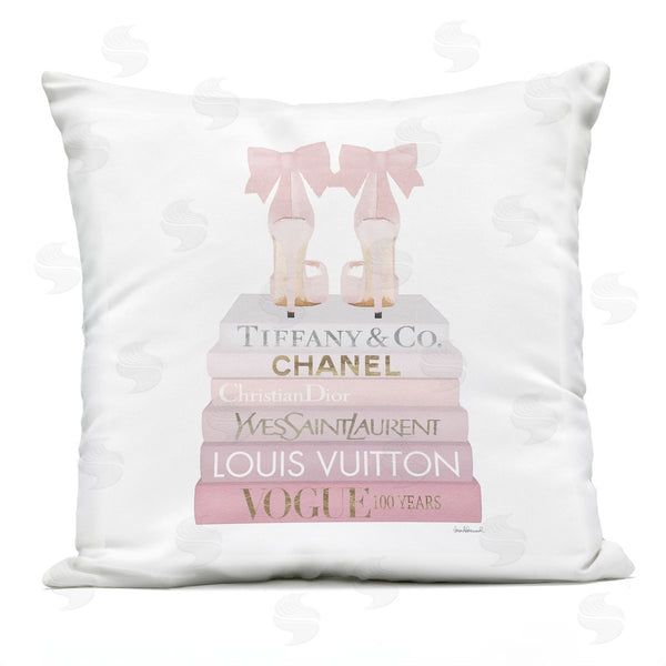 Stupell Industries Amanda Greenwood | Pastel Pink Bow Heels Glam Fashion Bookstack Printed Throw Pillow