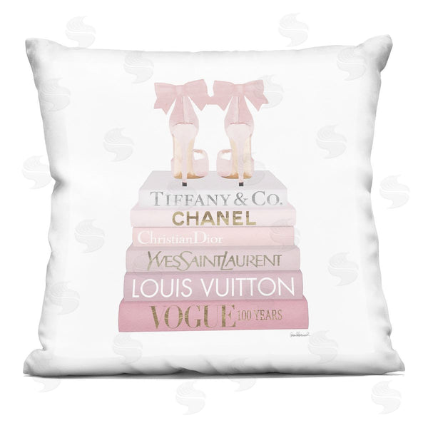 stupell industries Amanda Greenwood | Pastel Pink Bow Heels Glam Fashion Bookstack Printed Throw Pillow