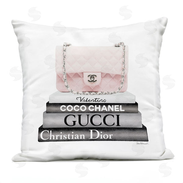Stupell Industries Amanda Greenwood | Pastel Pink Designer Purse Glam Bookstack Printed Throw Pillow
