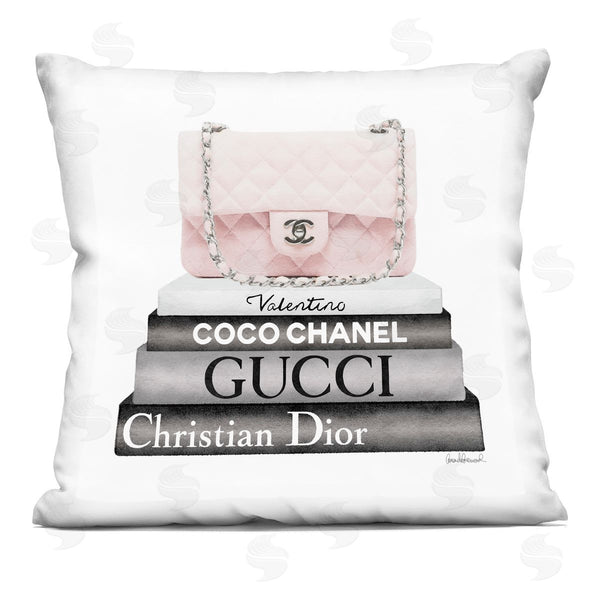 stupell industries Amanda Greenwood | Pastel Pink Designer Purse Glam Bookstack Printed Throw Pillow