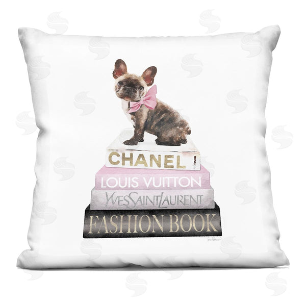 stupell industries Amanda Greenwood | Pink Bow Dog Bookstack Printed Throw Pillow