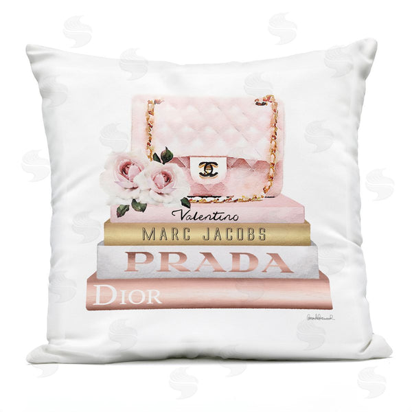 Stupell Industries Amanda Greenwood | Pink Purse Gold Fashion Bookstack Printed Throw Pillow