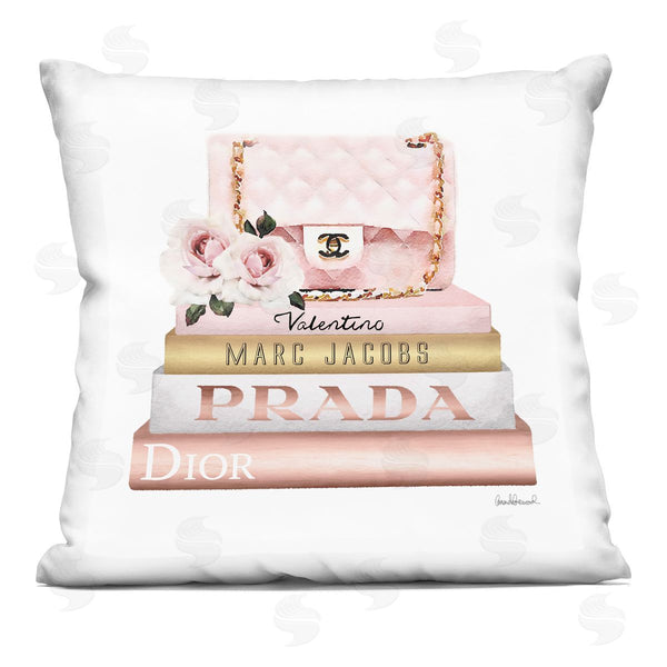 stupell industries Amanda Greenwood | Pink Purse Gold Fashion Bookstack Printed Throw Pillow
