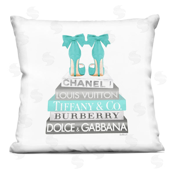 stupell industries Amanda Greenwood | Turquoise Fashion Heels Glam Brand Books Printed Throw Pillow