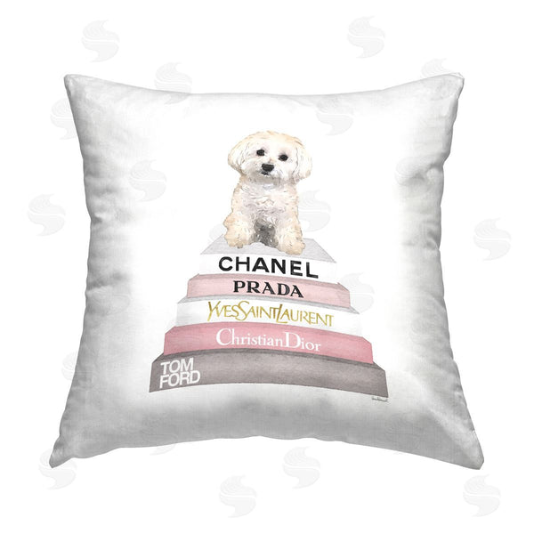 stupell industries Amanda Greenwood | White & Pink Fashion Books Dog Printed Throw Pillow
