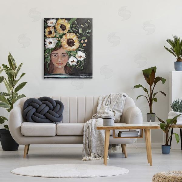 Stupell Industries Amanda Hilburn | Girl Wearing Flower Crown Yellow White Blossoms Painting Wall Art