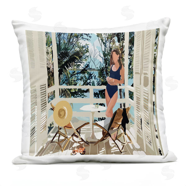 Stupell Industries Amelia Noyes | Lounging Woman Coastal Beach Balcony Printed Throw Pillow