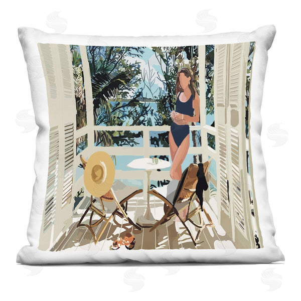 stupell industries Amelia Noyes | Lounging Woman Coastal Beach Balcony Printed Throw Pillow
