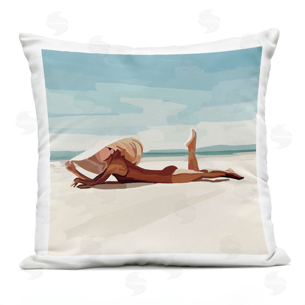Stupell Industries Amelia Noyes | Lounging Woman Tropical Beach Shoreline Printed Throw Pillow