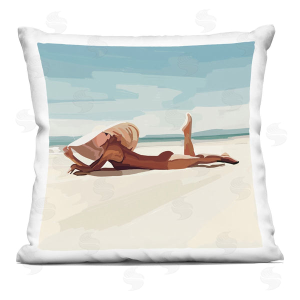 stupell industries Amelia Noyes | Lounging Woman Tropical Beach Shoreline Printed Throw Pillow