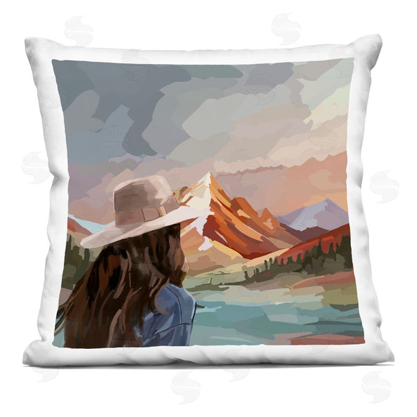 stupell industries Amelia Noyes | Vibrant Mountain View with Girl Printed Throw Pillow