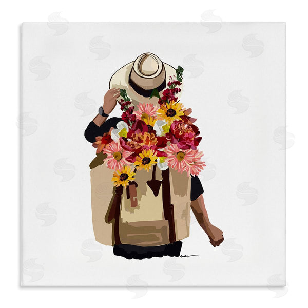stupell industries Amelia Noyes | Woman Carrying Backpack Mixed Flower Bouquet Arrangement Wall Art