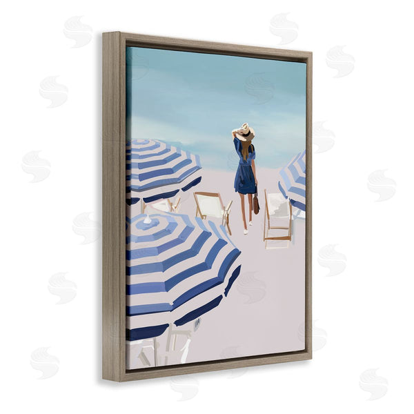 Stupell Industries Amelia Noyes | Woman Enjoying Beach Shore Umbrellas Coastal Scene Wall Art
