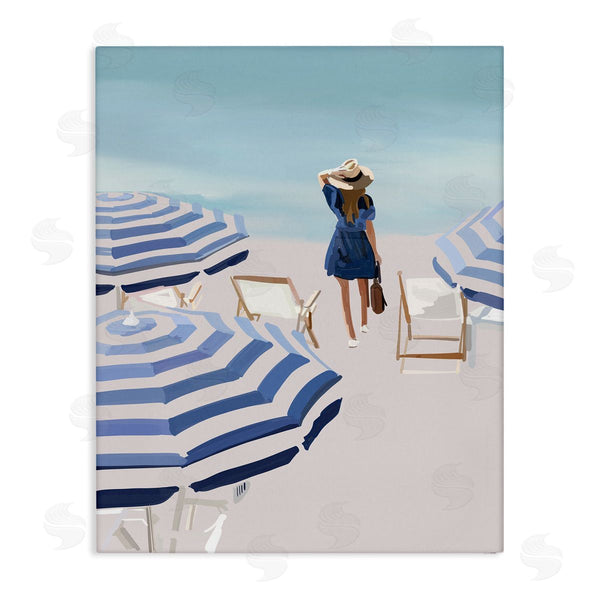 stupell industries Amelia Noyes | Woman Enjoying Beach Shore Umbrellas Coastal Scene Wall Art