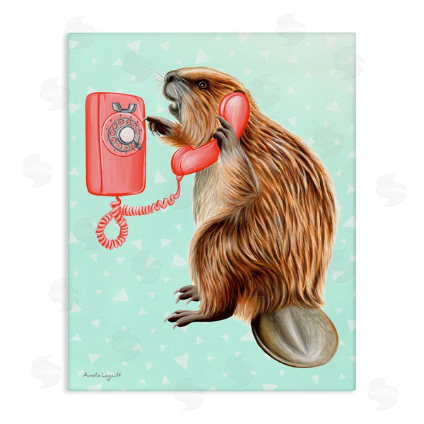 stupell industries Amelie Legault | Beaver Dialing Telephone Vintage Turquoise Shapes Design Wall Art