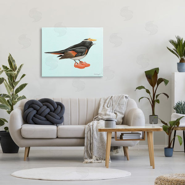 Stupell Industries Amelie Legault | Black Orange Bird Wearing Rubber Clogs Visor Wall Art