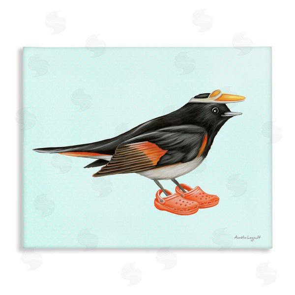 stupell industries Amelie Legault | Black Orange Bird Wearing Rubber Clogs Visor Wall Art