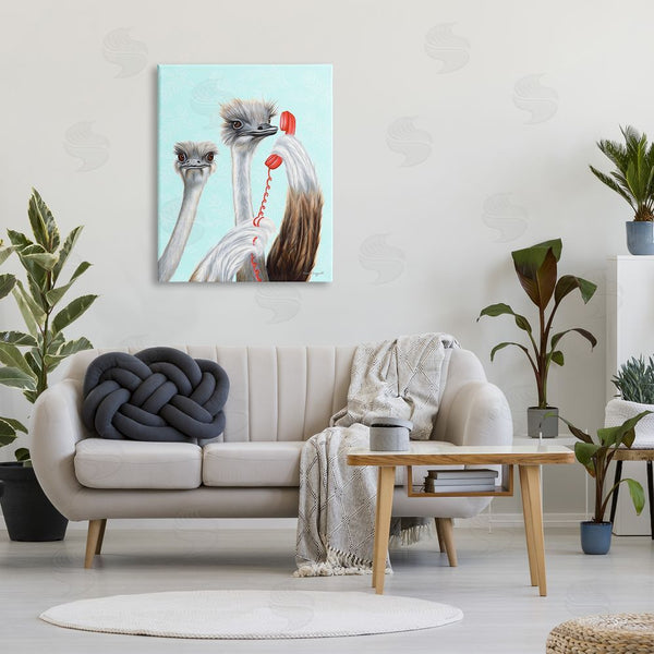 Stupell Industries Amelie Legault | Detailed Ostrich Birds Talking Red Cord Telephone Wall Art