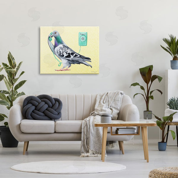 Stupell Industries Amelie Legault | Pastel Pigeon Vintage Phone Call Yellow Background Wall Art