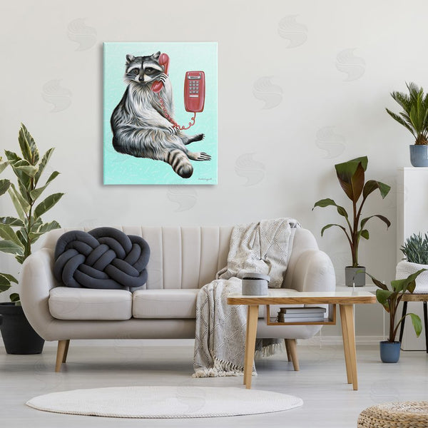 Stupell Industries Amelie Legault | Raccoon Lounging Cord Phone Vivid Turquoise Background Wall Art