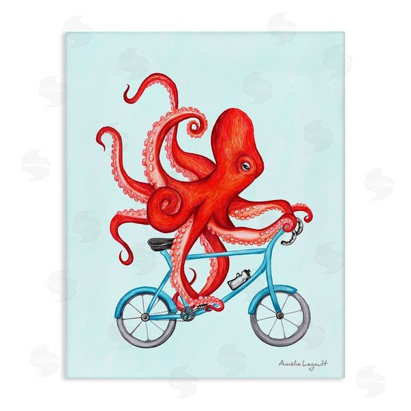 stupell industries Amelie Legault | Red Octopus Tentacles Riding Blue Bike Bicycle Wall Art