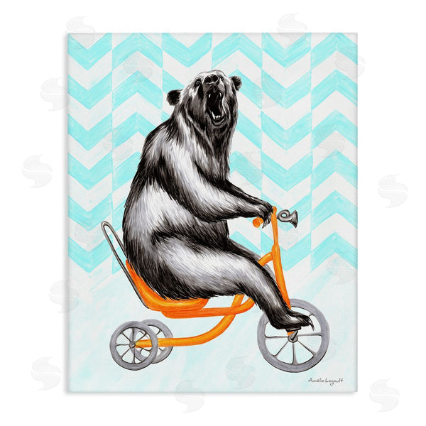 stupell industries Amelie Legault | Roaring Bear Riding Tricycle Whimsical Chevron Pattern Wall Art