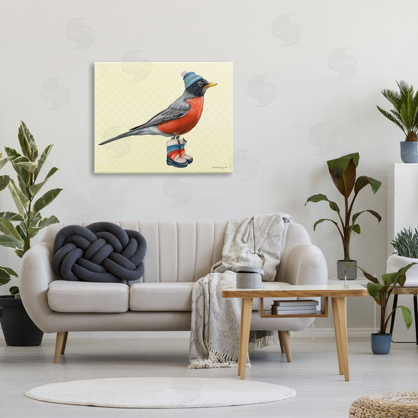 Stupell Industries Amelie Legault | Robin Cozy Winter Boots Hat Yellow Hatched Pattern Wall Art